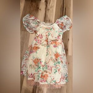 Disney D’Signed Cream Floral Lace Kids Dress with Pink & Orange Accents